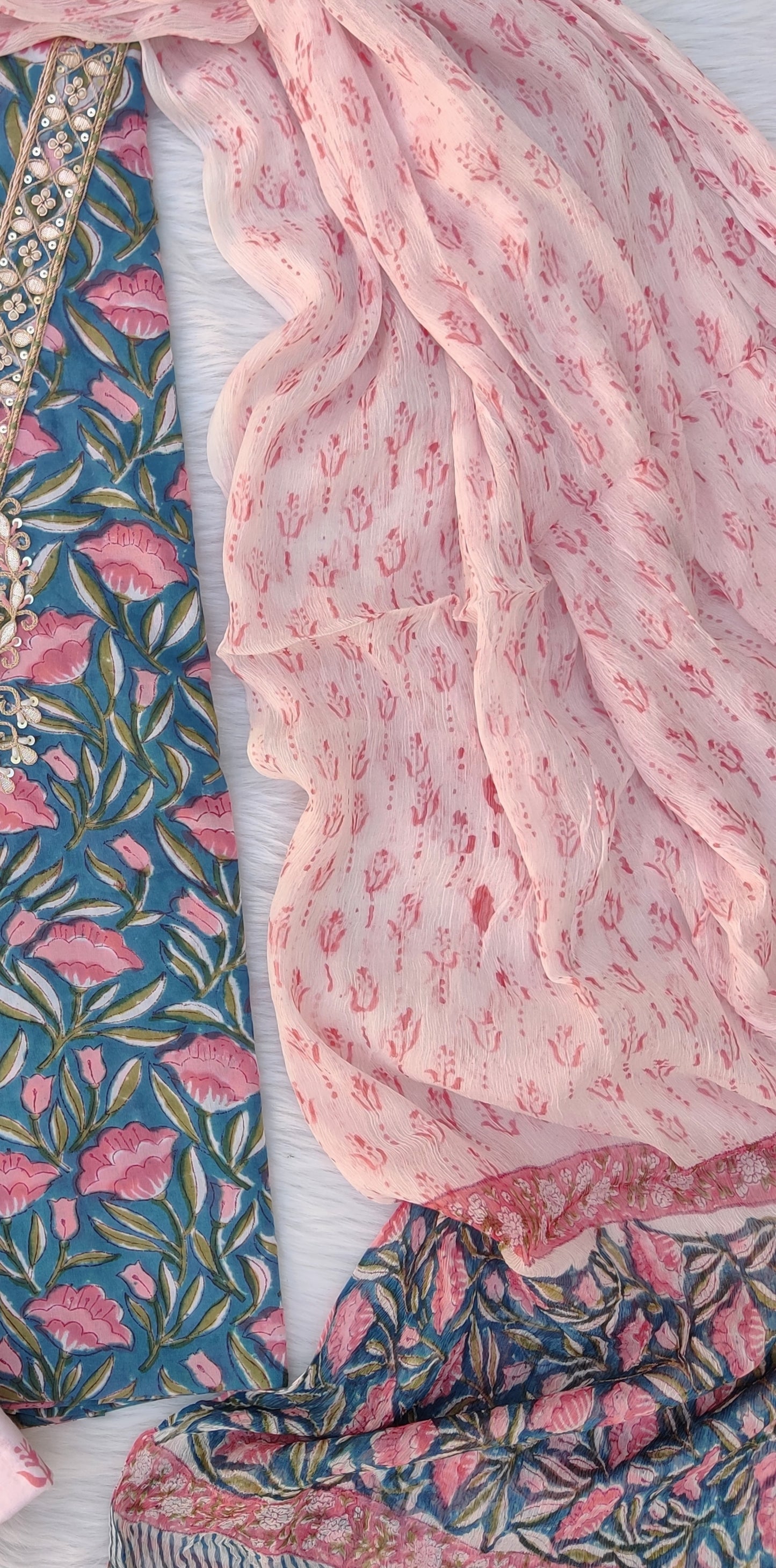 FLORAL PRINTED COTTON GOTA PATTI SUIT WITH CHIFFON DUPATTA