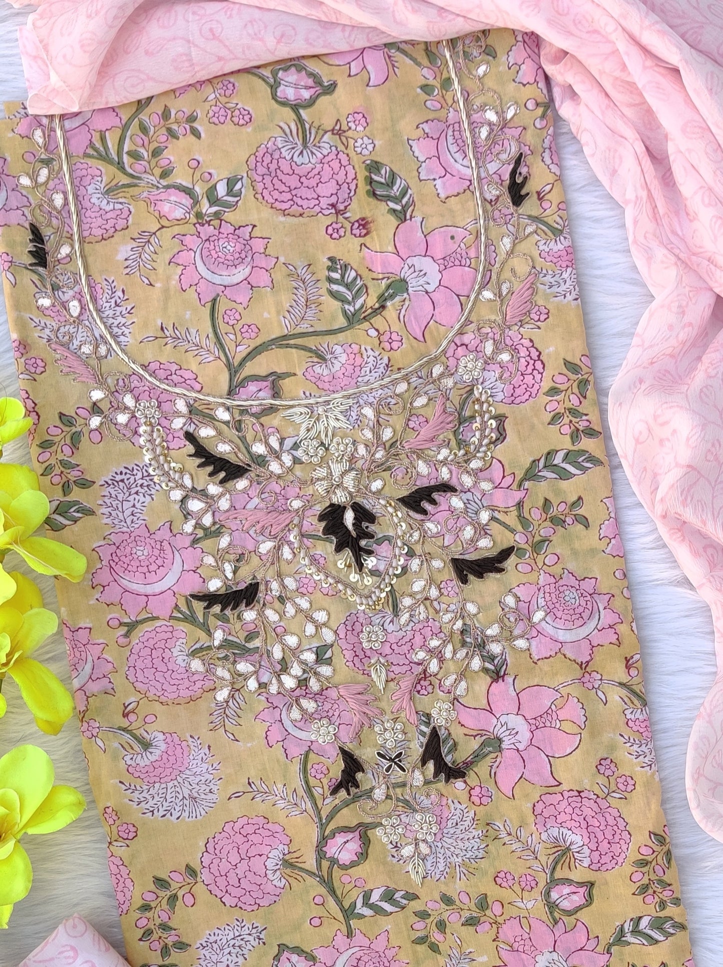 FLORAL PRINTED COTTON GOTA PATTI SUIT WITH CHIFFON DUPATTA
