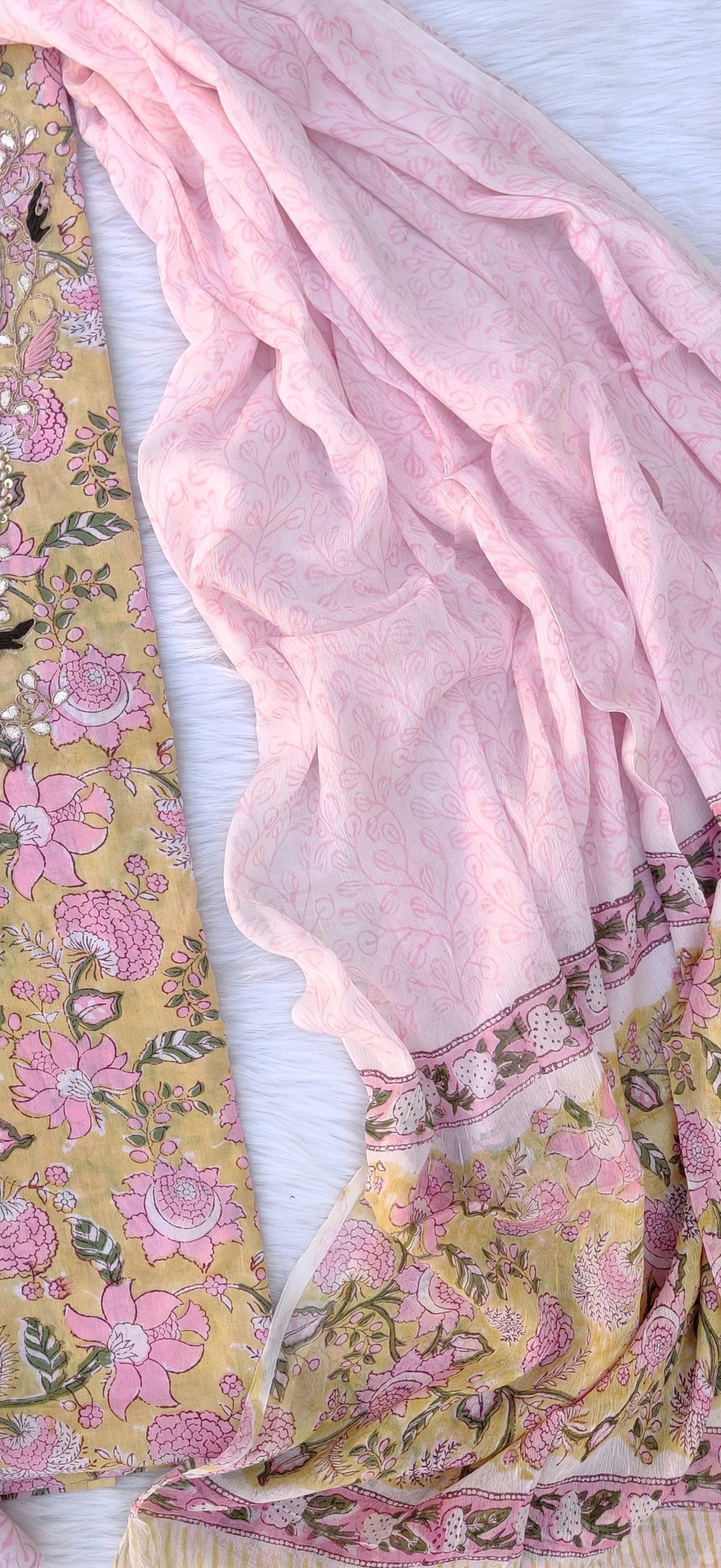 FLORAL PRINTED COTTON GOTA PATTI SUIT WITH CHIFFON DUPATTA