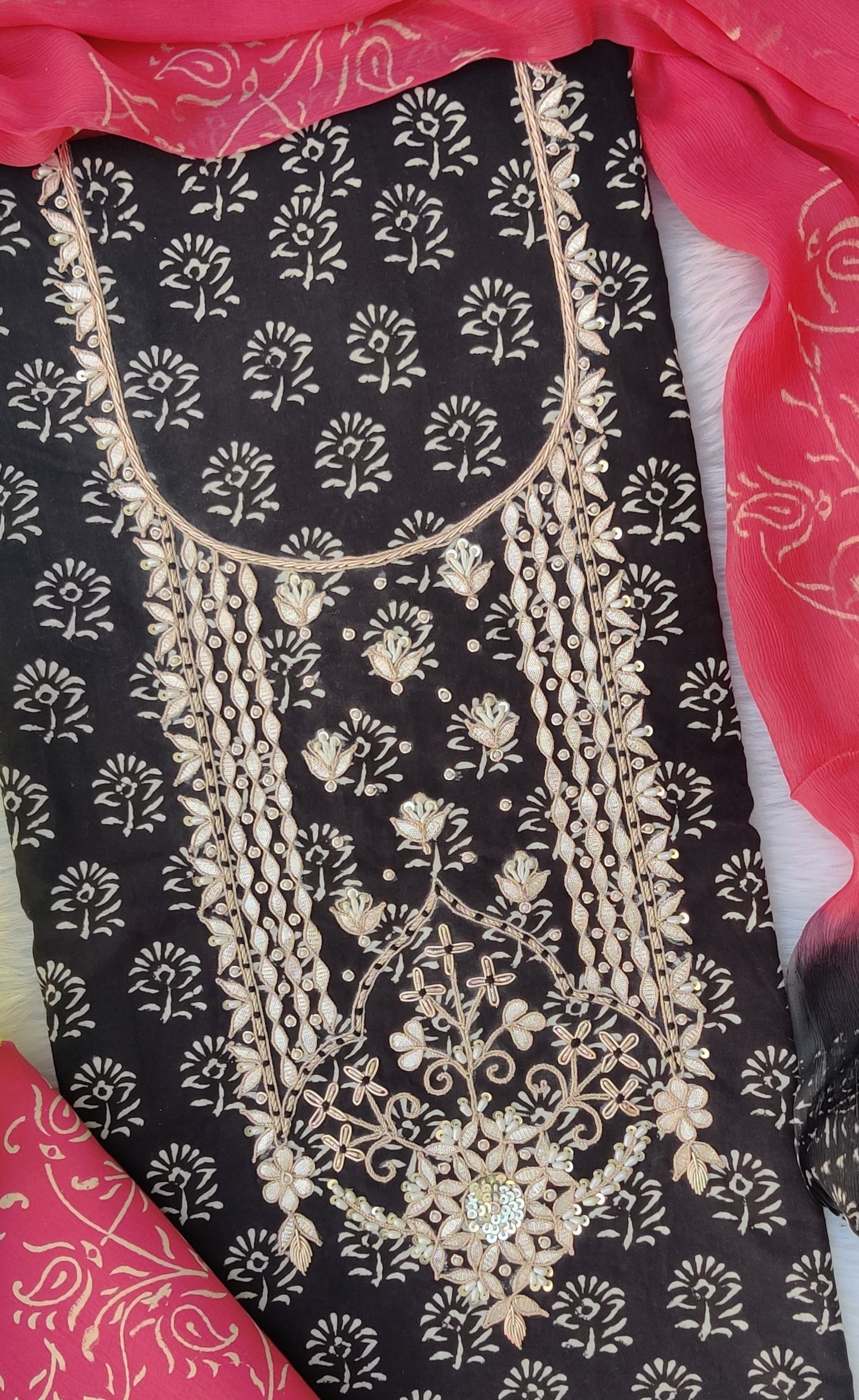 FLORAL PRINTED COTTON GOTA PATTI SUIT WITH CHIFFON DUPATTA