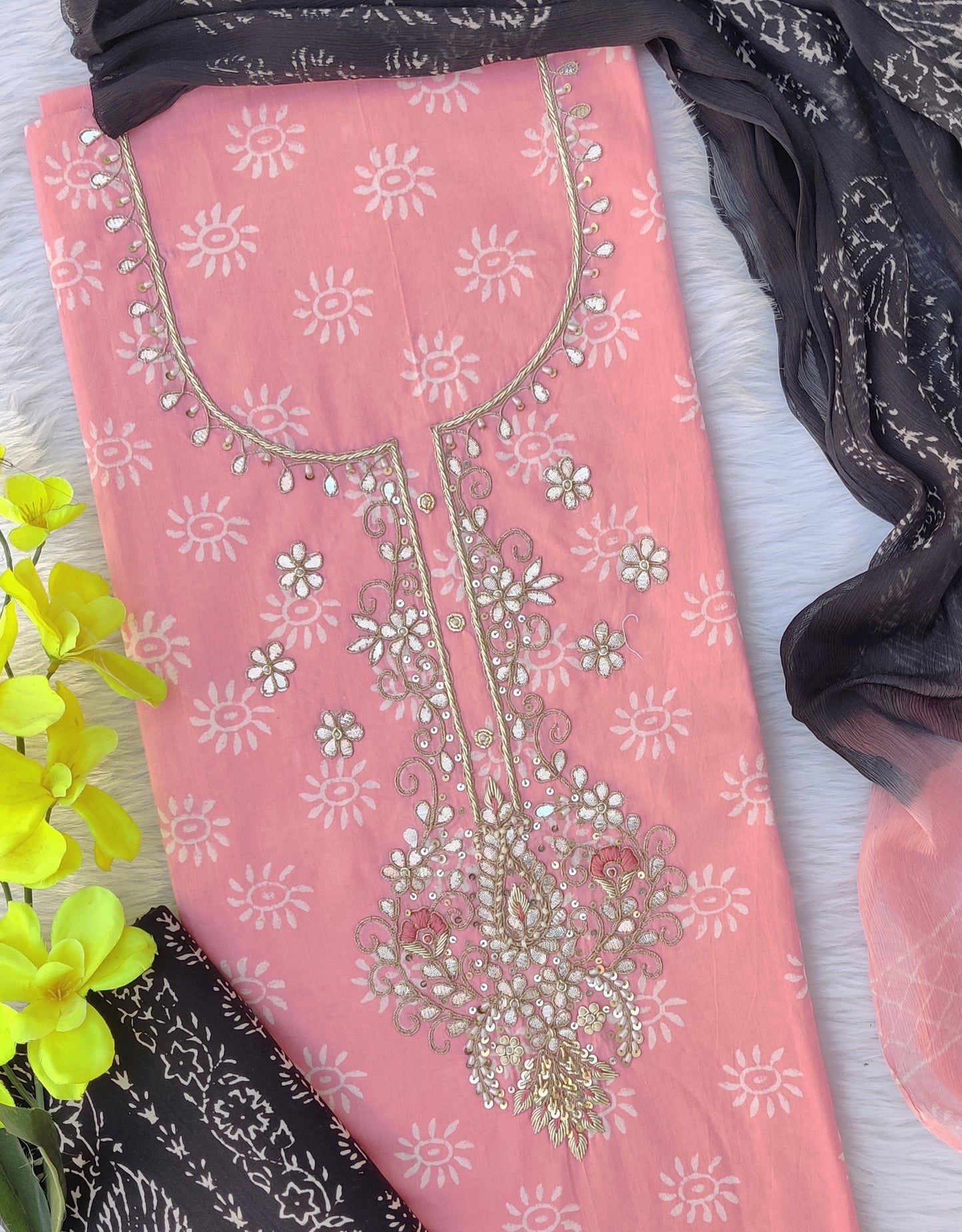 FLORAL PRINTED COTTON GOTA PATTI SUIT WITH CHIFFON DUPATTA