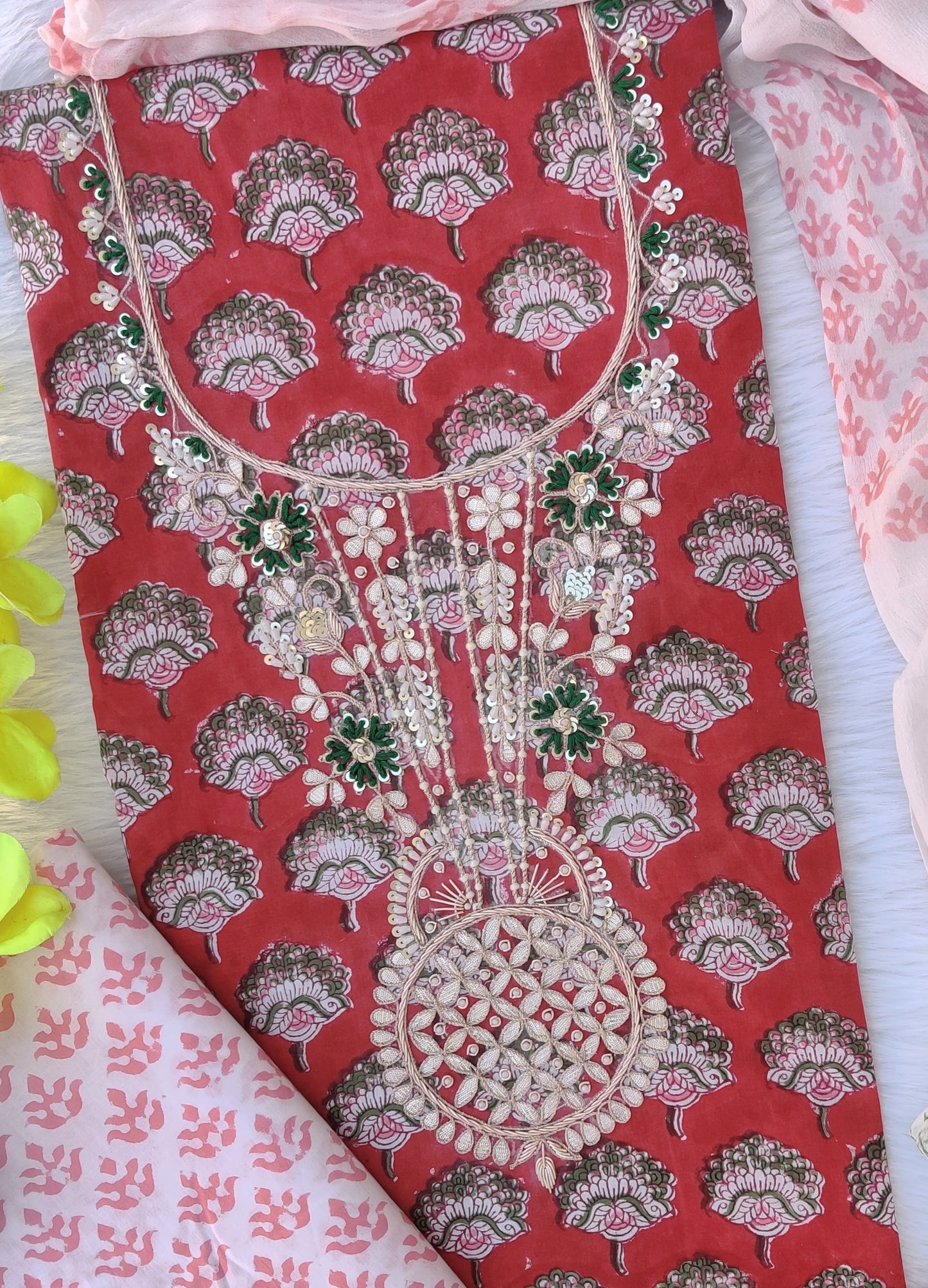 FLORAL PRINTED COTTON GOTA PATTI SUIT WITH CHIFFON DUPATTA