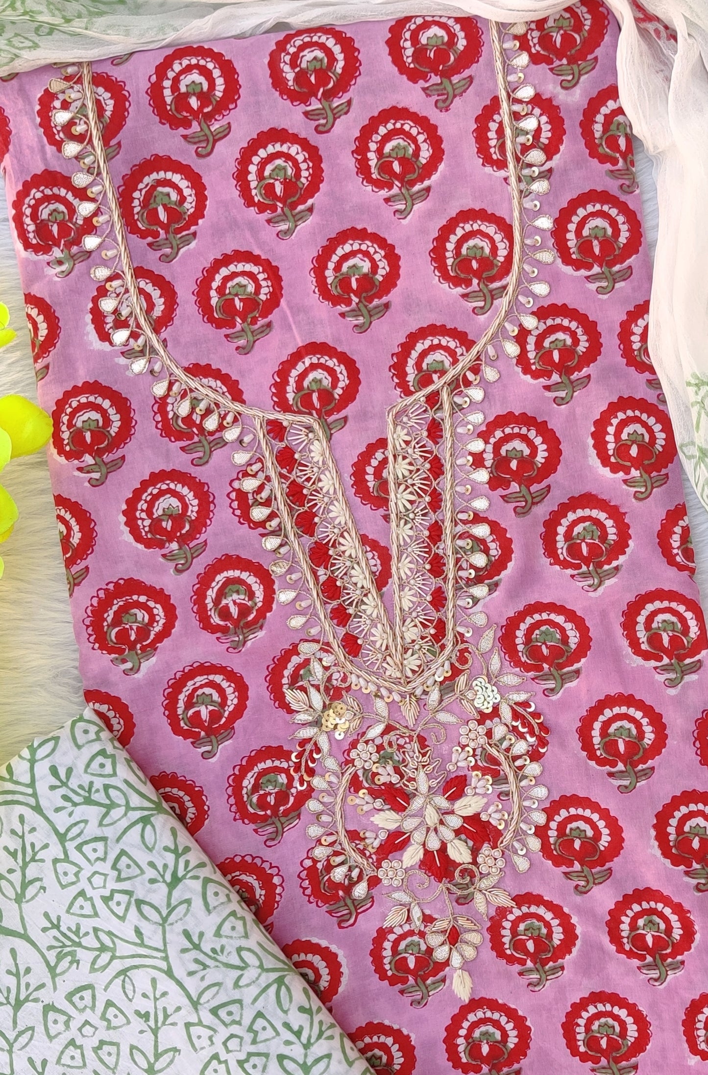 FLORAL PRINTED COTTON GOTA PATTI SUIT WITH CHIFFON DUPATTA