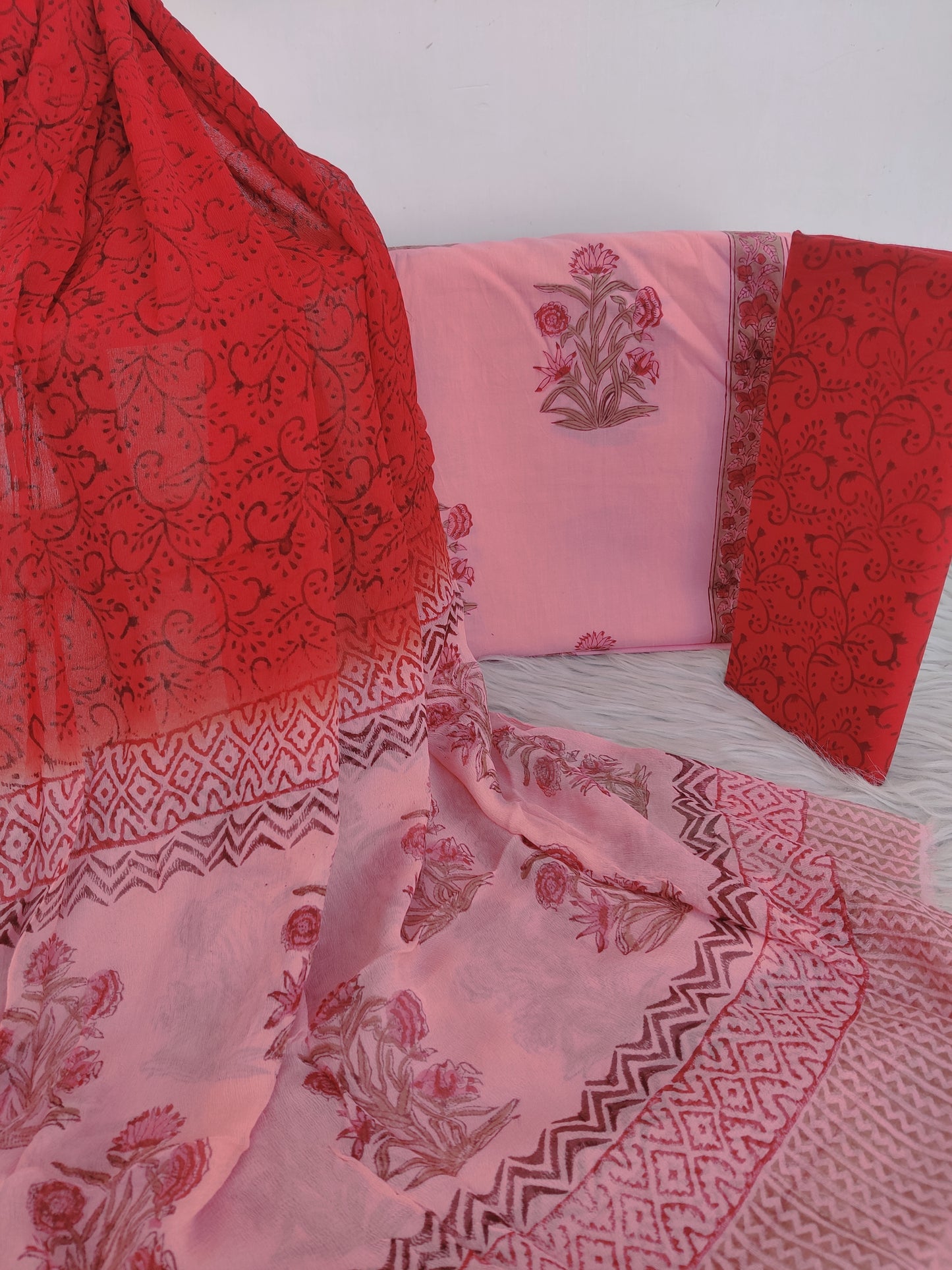 Hand Block Printed Cotton Suit with Pure Chiffon dupatta1