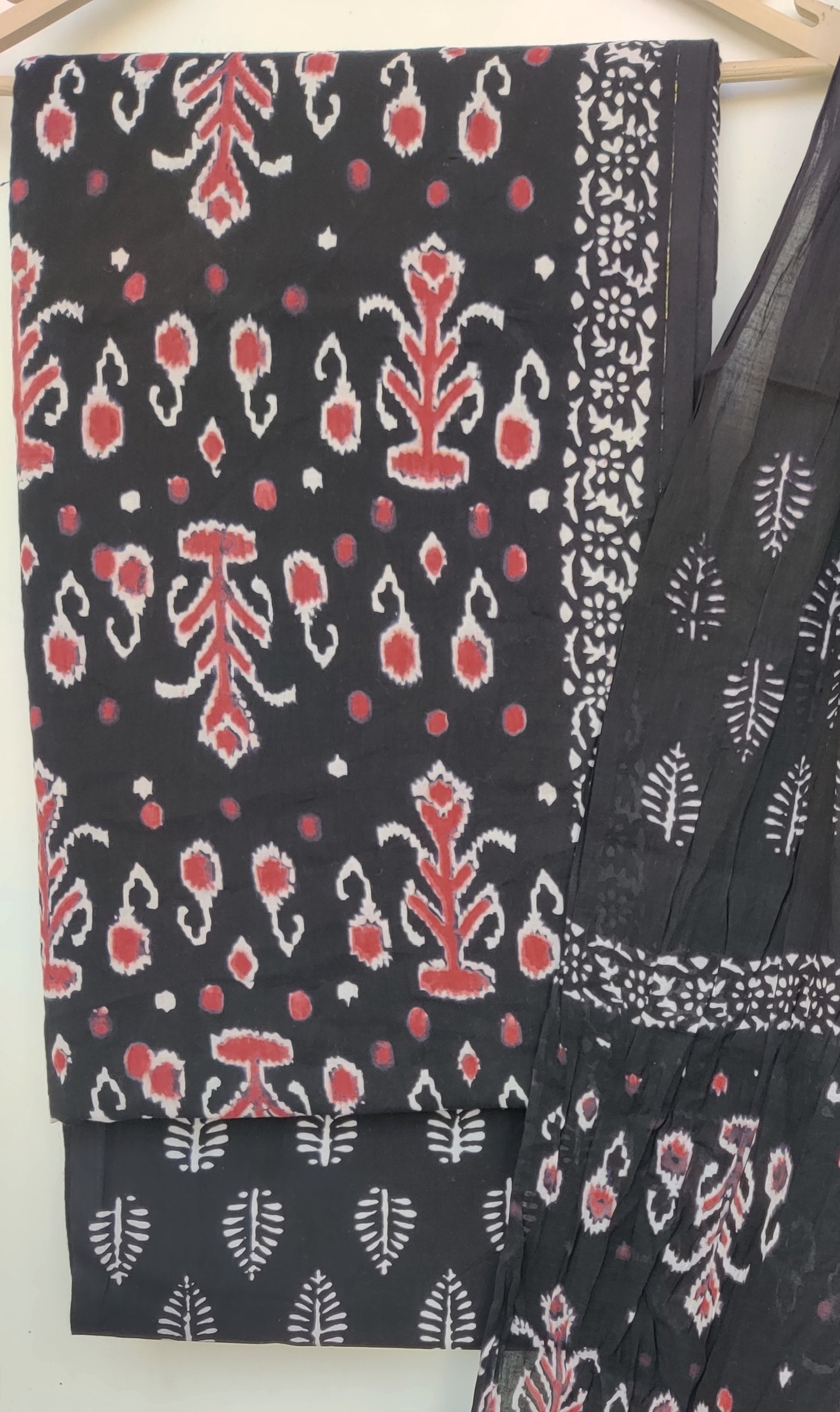 (BLACK & WHITE) Block Printed Cotton Suit with Mulmul dupatta
