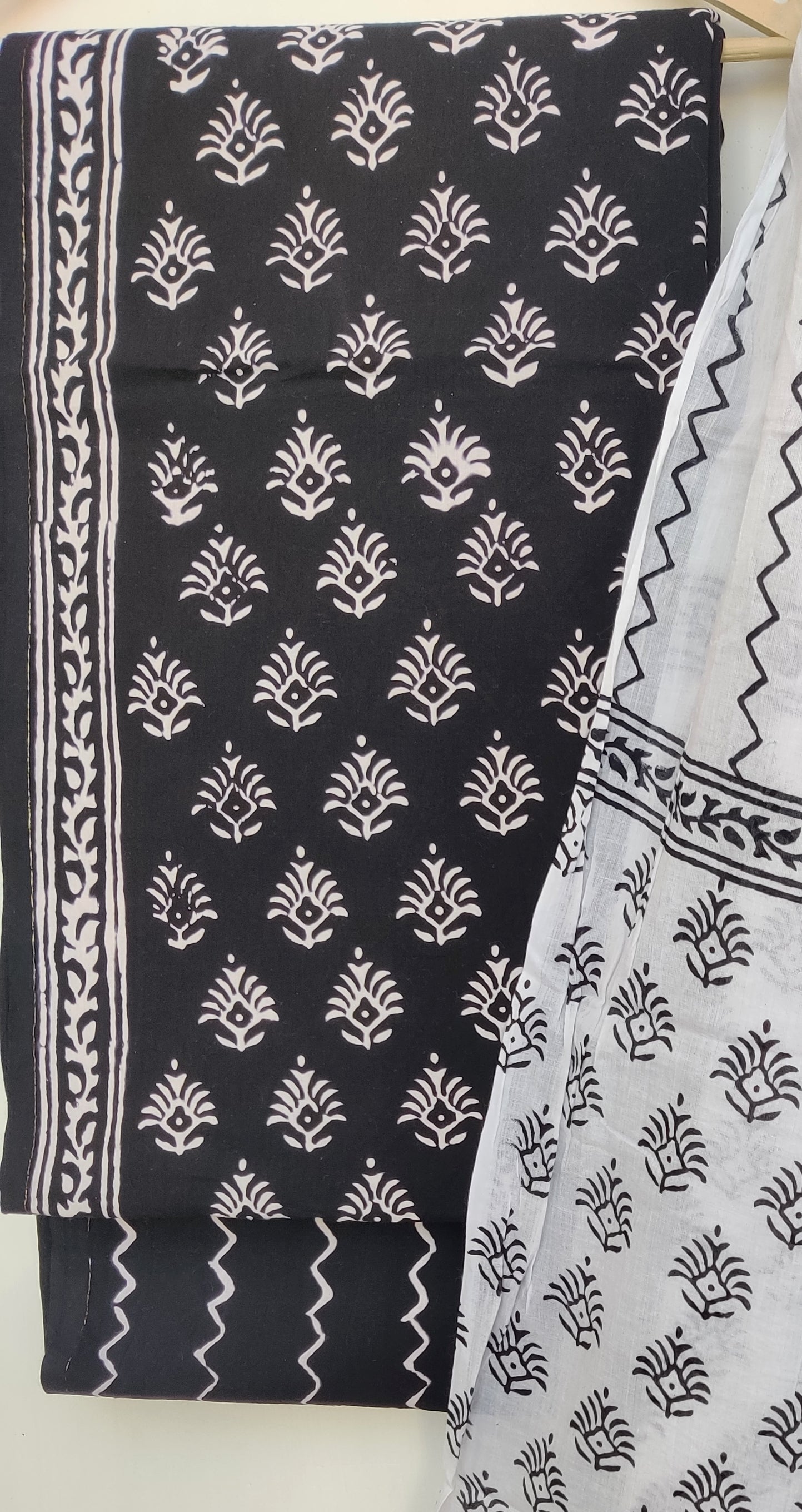 (BLACK & WHITE) Block Printed Cotton Suit with Mulmul dupatta