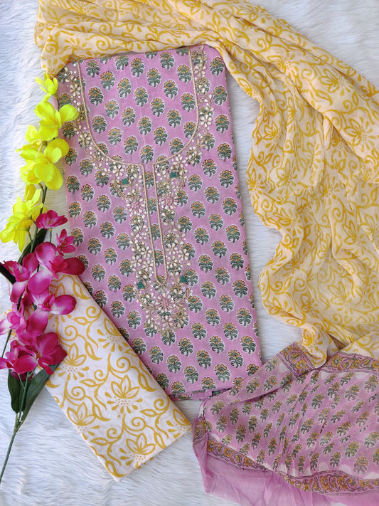 FLORAL PRINTED COTTON GOTA PATTI SUIT WITH CHIFFON DUPATTA