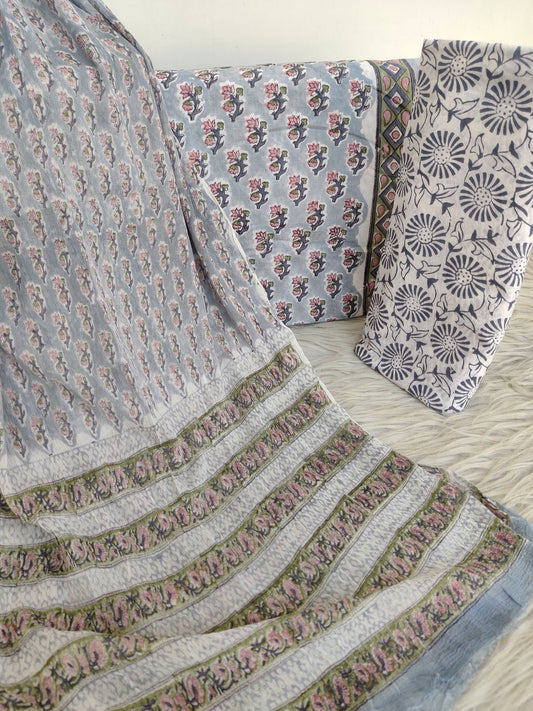 HAND BLOCK PRINTED COTTON SUIT WITH PURE CHIFFON DUPATTA