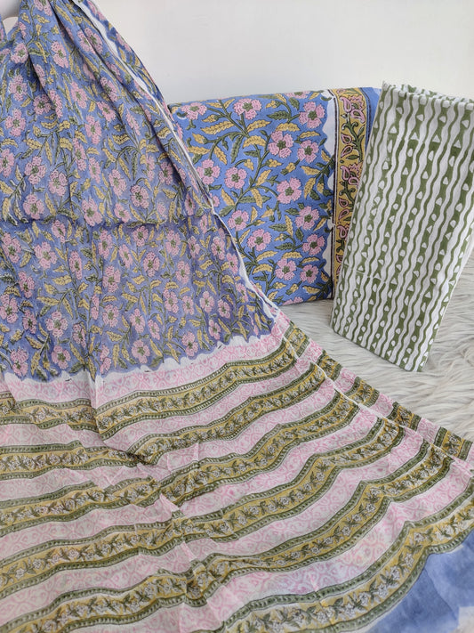 HAND BLOCK PRINTED COTTON SUIT WITH PURE CHIFFON DUPATTA