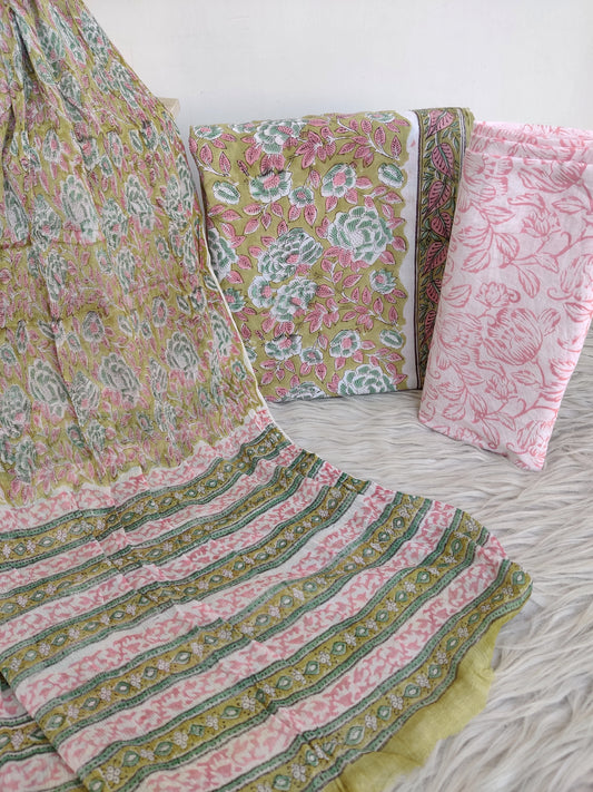 HAND BLOCK PRINTED COTTON SUIT WITH PURE CHIFFON DUPATTA