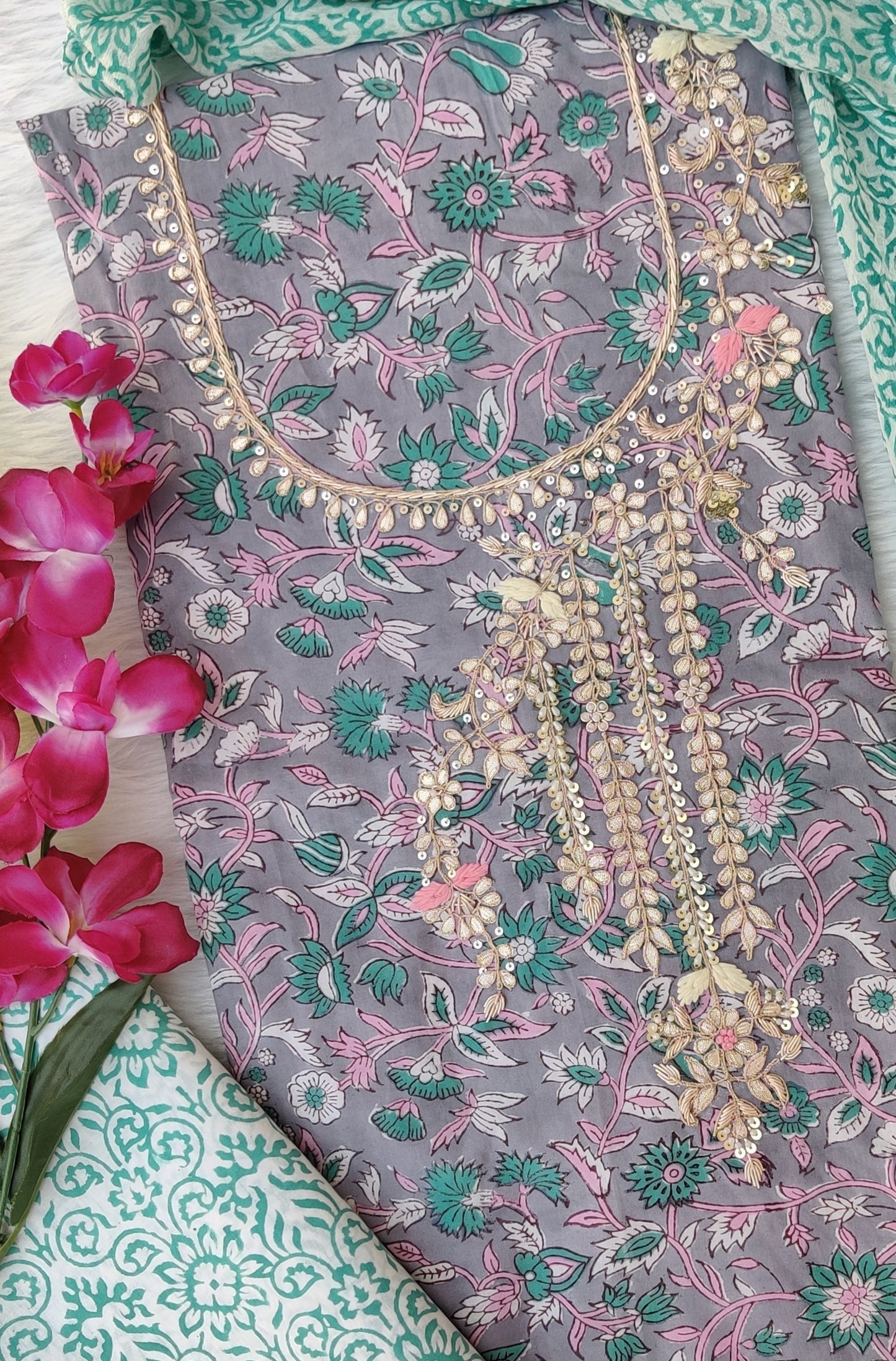 FLORAL PRINTED COTTON GOTA PATTI SUIT WITH CHIFFON DUPATTA