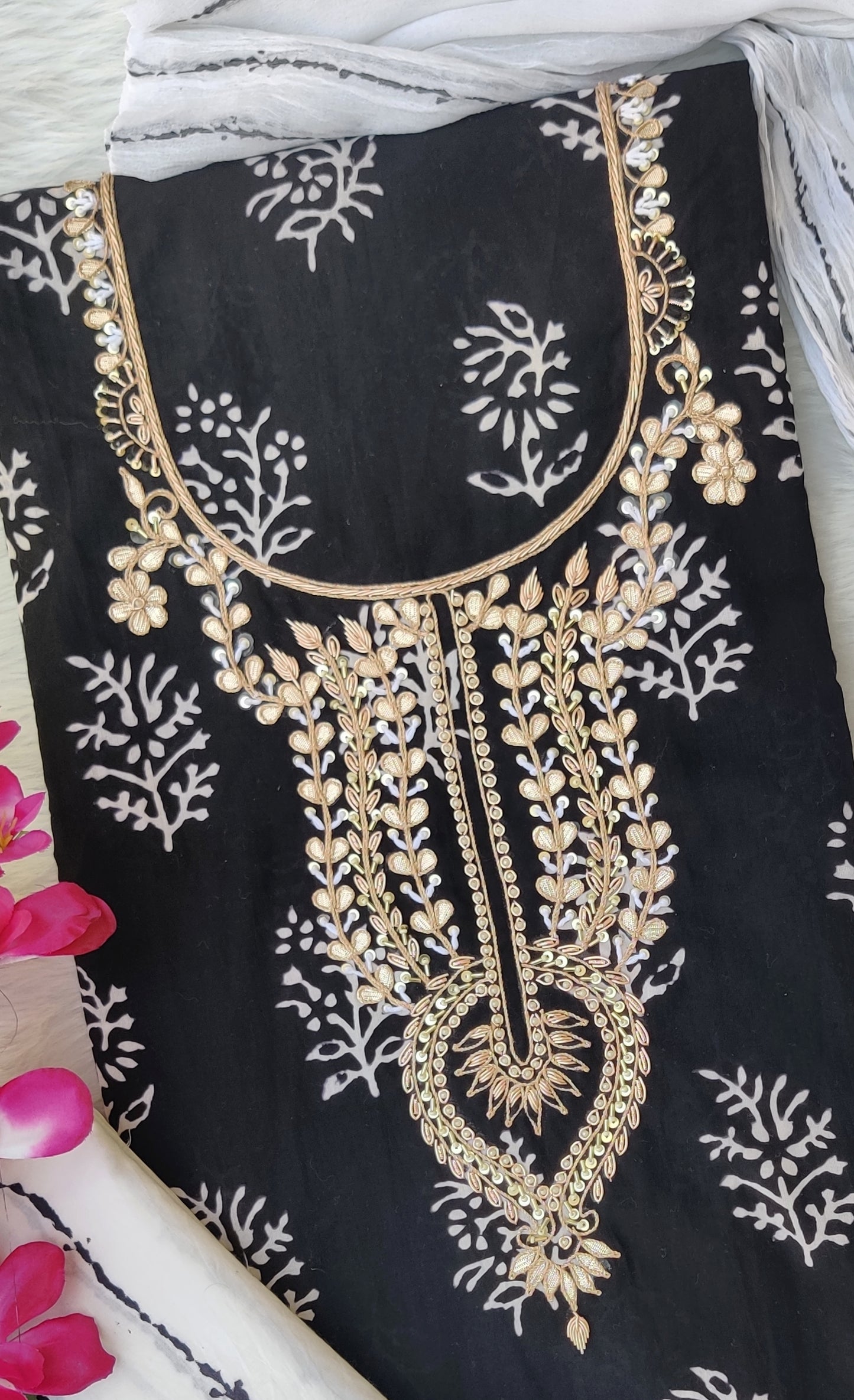 FLORAL PRINTED COTTON GOTA PATTI SUIT WITH CHIFFON DUPATTA