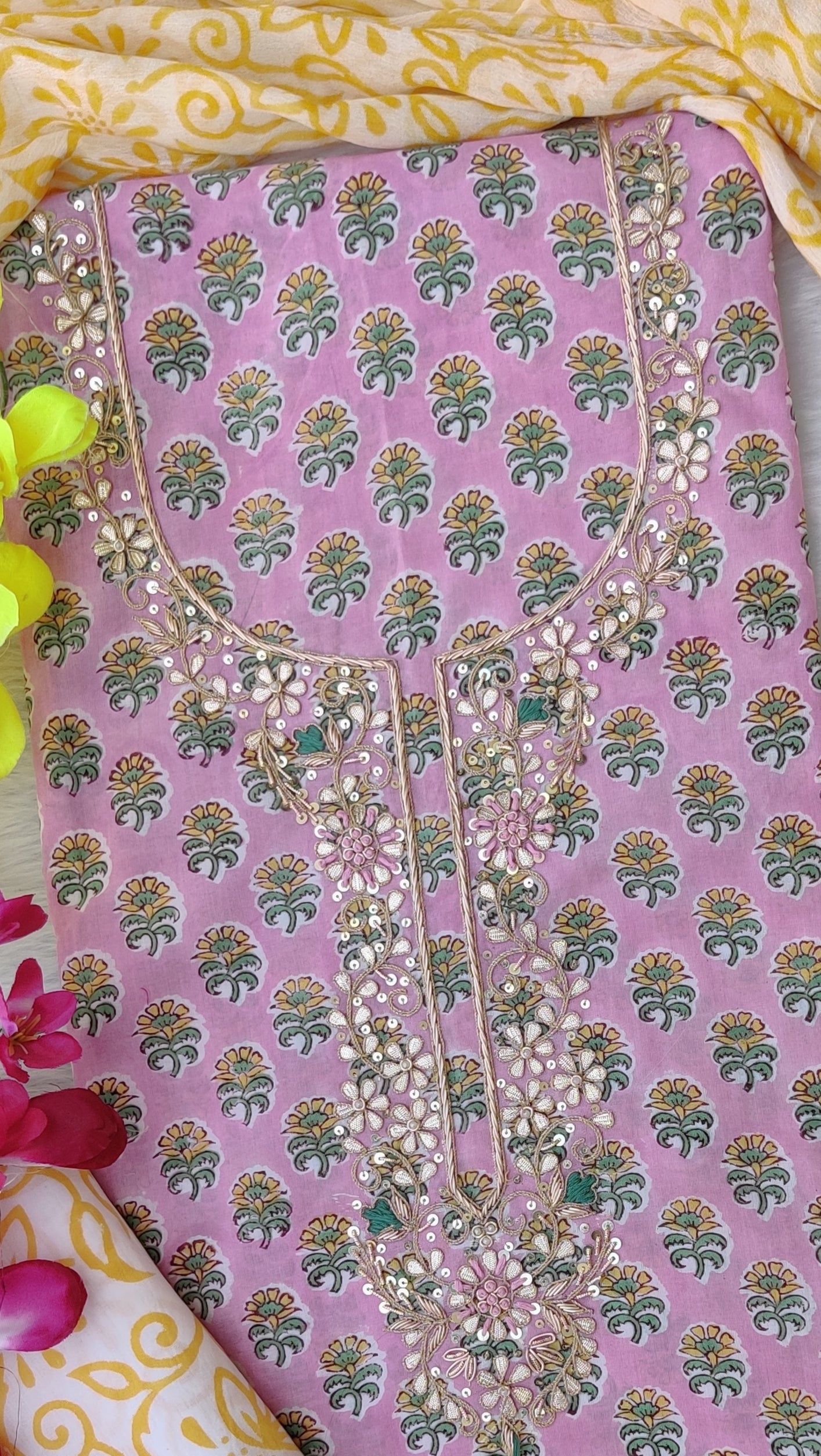 FLORAL PRINTED COTTON GOTA PATTI SUIT WITH CHIFFON DUPATTA