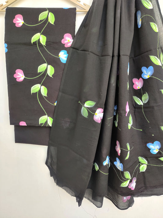 Hand Painted Cotton Suit with Mulmul dupatta