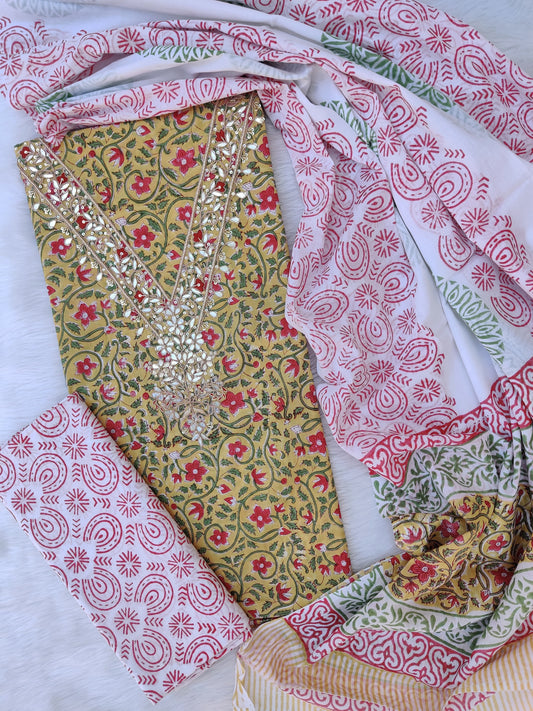 FLORAL PRINTED COTTON GOTA PATTI SUIT WITH COTTON DUPATTA