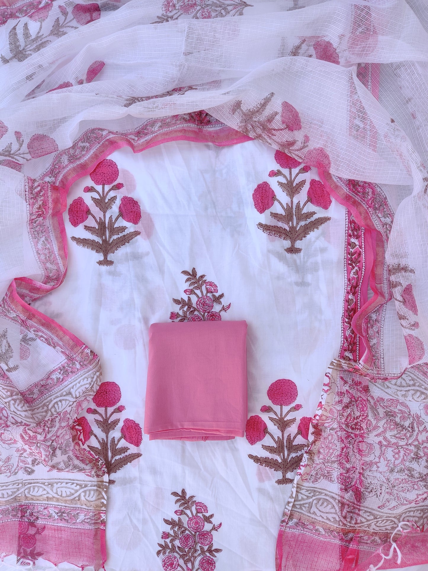 Hand Block Printed Cotton Suit with Cotton Kota Doria dupatta