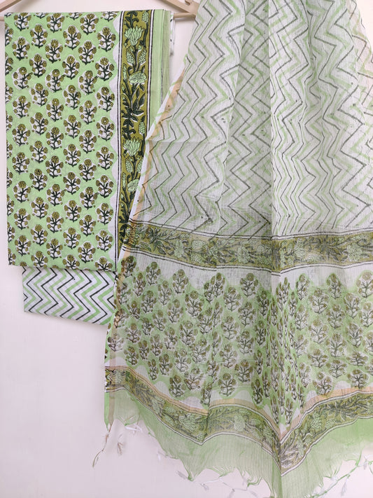 Hand Block Printed Cotton Suit with Cotton Kota Doria dupatta