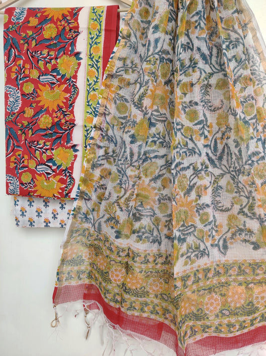 Hand Block Printed Cotton Suit with Cotton Kota Doria dupatta