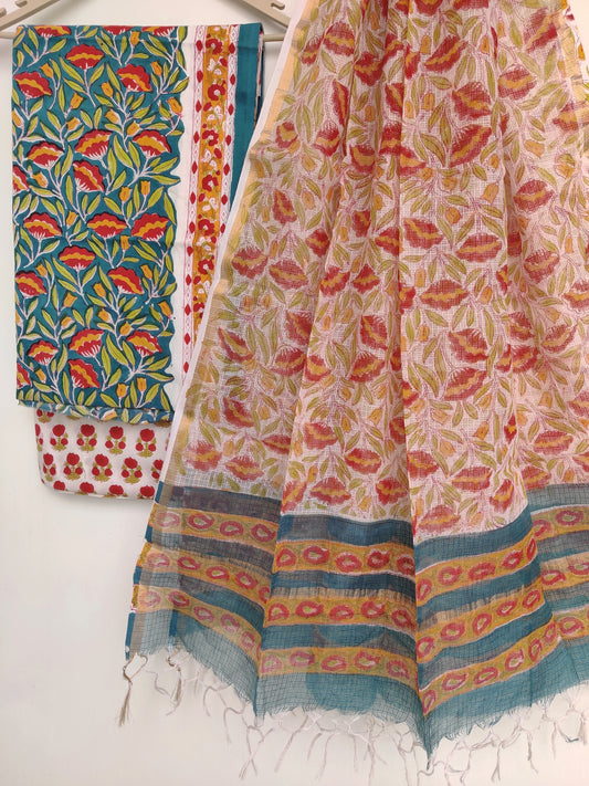 Hand Block Printed Cotton Suit with Cotton Kota Doria dupatta