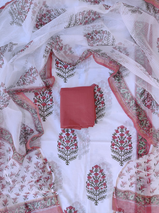 Hand Block Printed Cotton Suit with Cotton Kota Doria dupatta