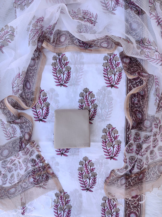 Hand Block Printed Cotton Suit with Cotton Kota Doria dupatta