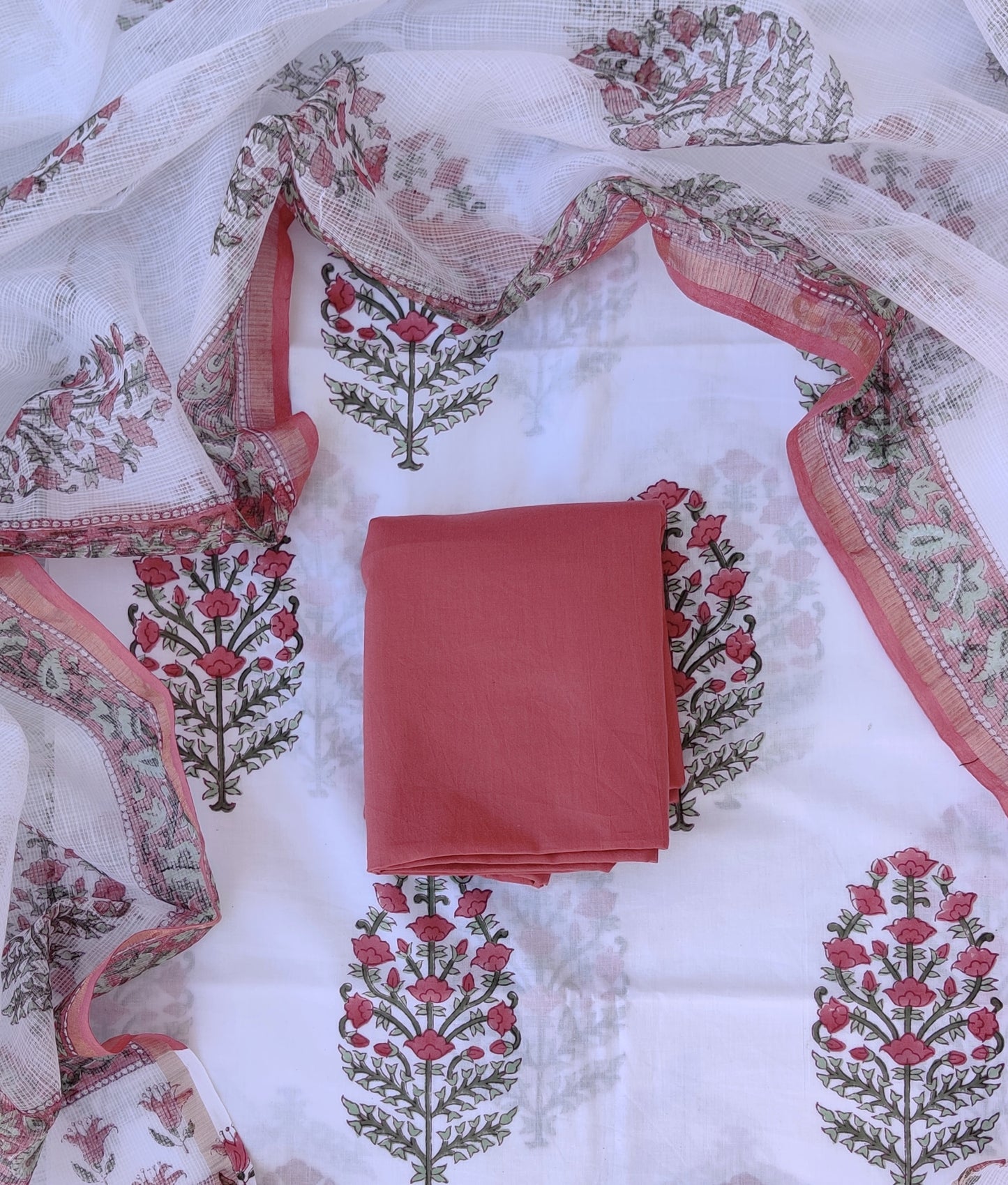Hand Block Printed Cotton Suit with Cotton Kota Doria dupatta