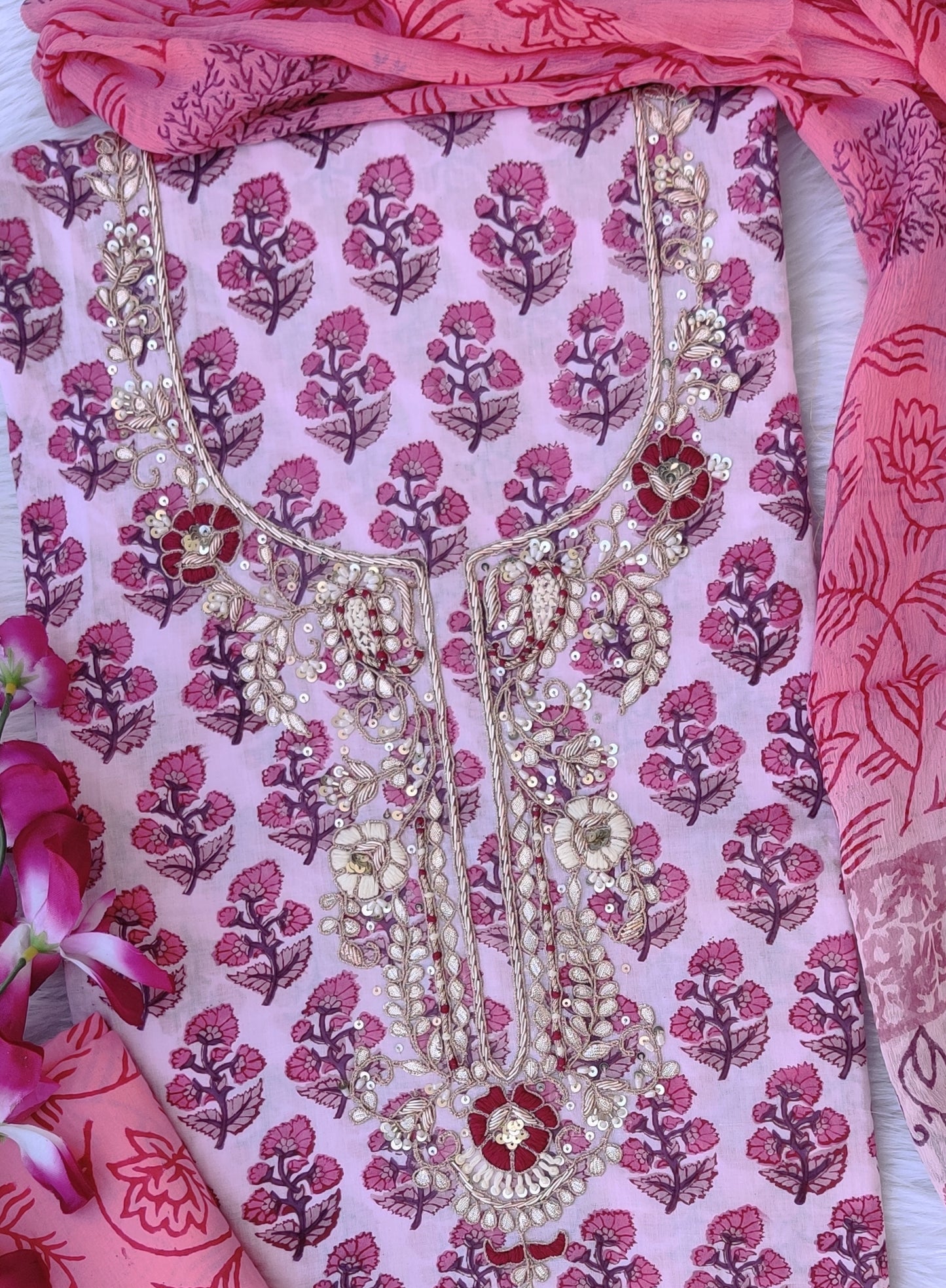 FLORAL PRINTED COTTON GOTA PATTI SUIT WITH CHIFFON DUPATTA