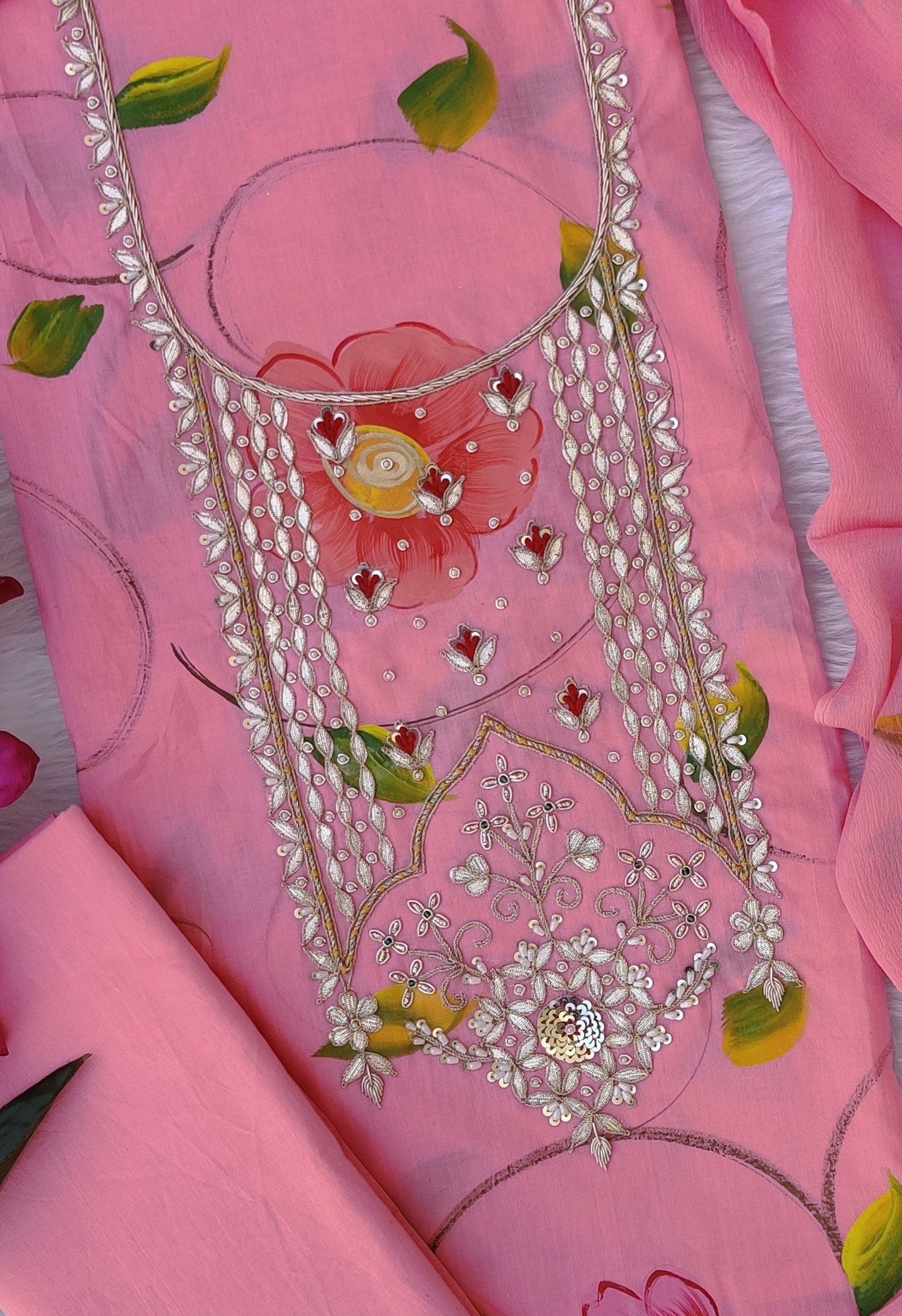 FLORAL PRINTED COTTON GOTA PATTI SUIT WITH CHIFFON DUPATTA