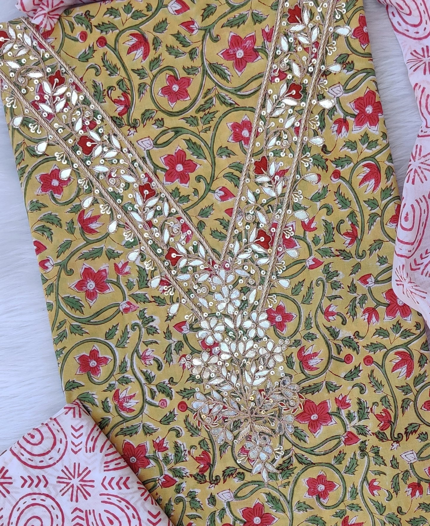 FLORAL PRINTED COTTON GOTA PATTI SUIT WITH COTTON DUPATTA
