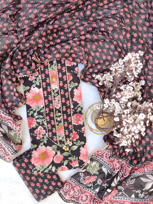 Exclusive Hand Block Cotton Printed Neck Work Suits with mulmul dupatta
