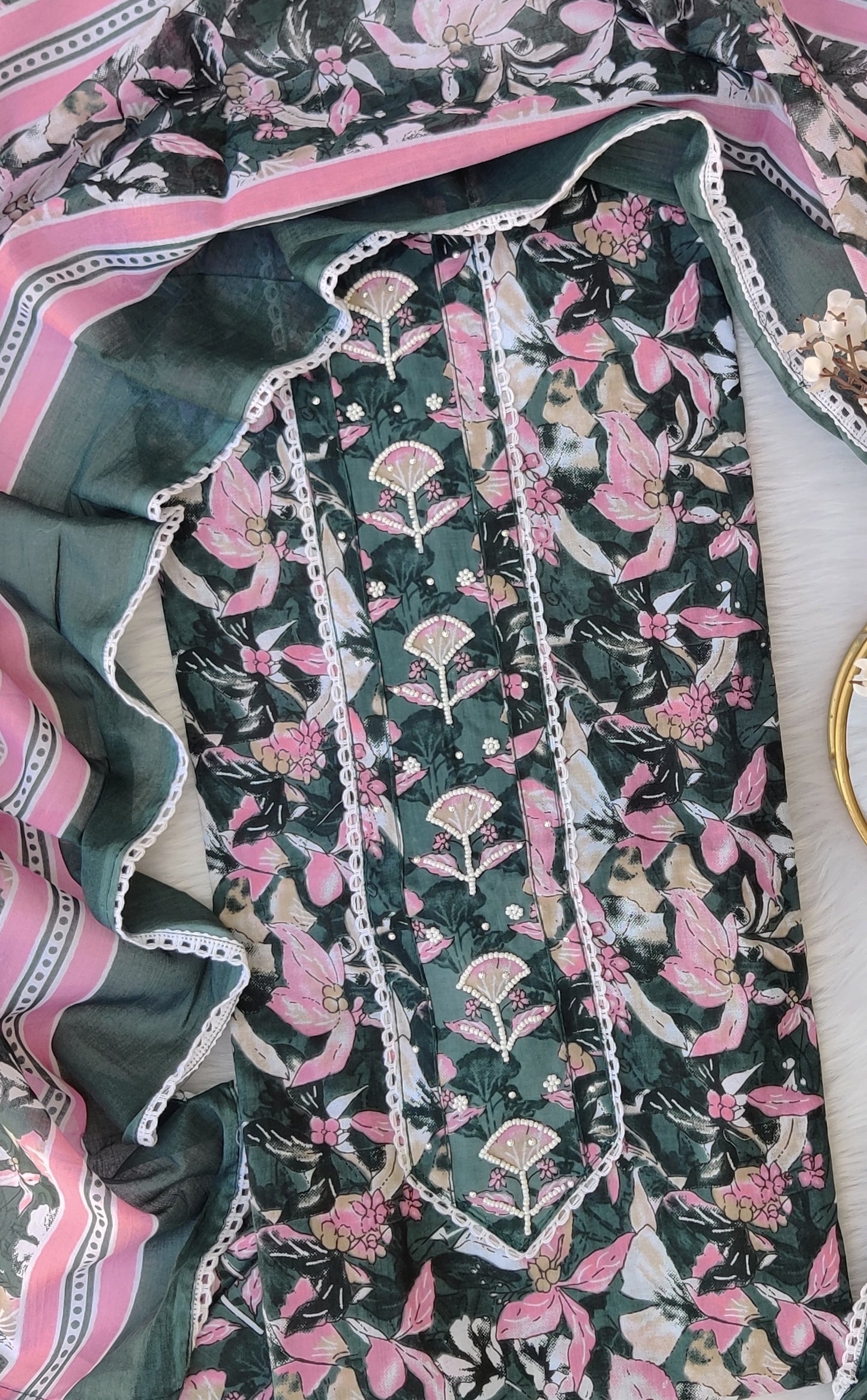 Exclusive Hand Block Cotton Printed Neck Work Suits with mulmul dupatta