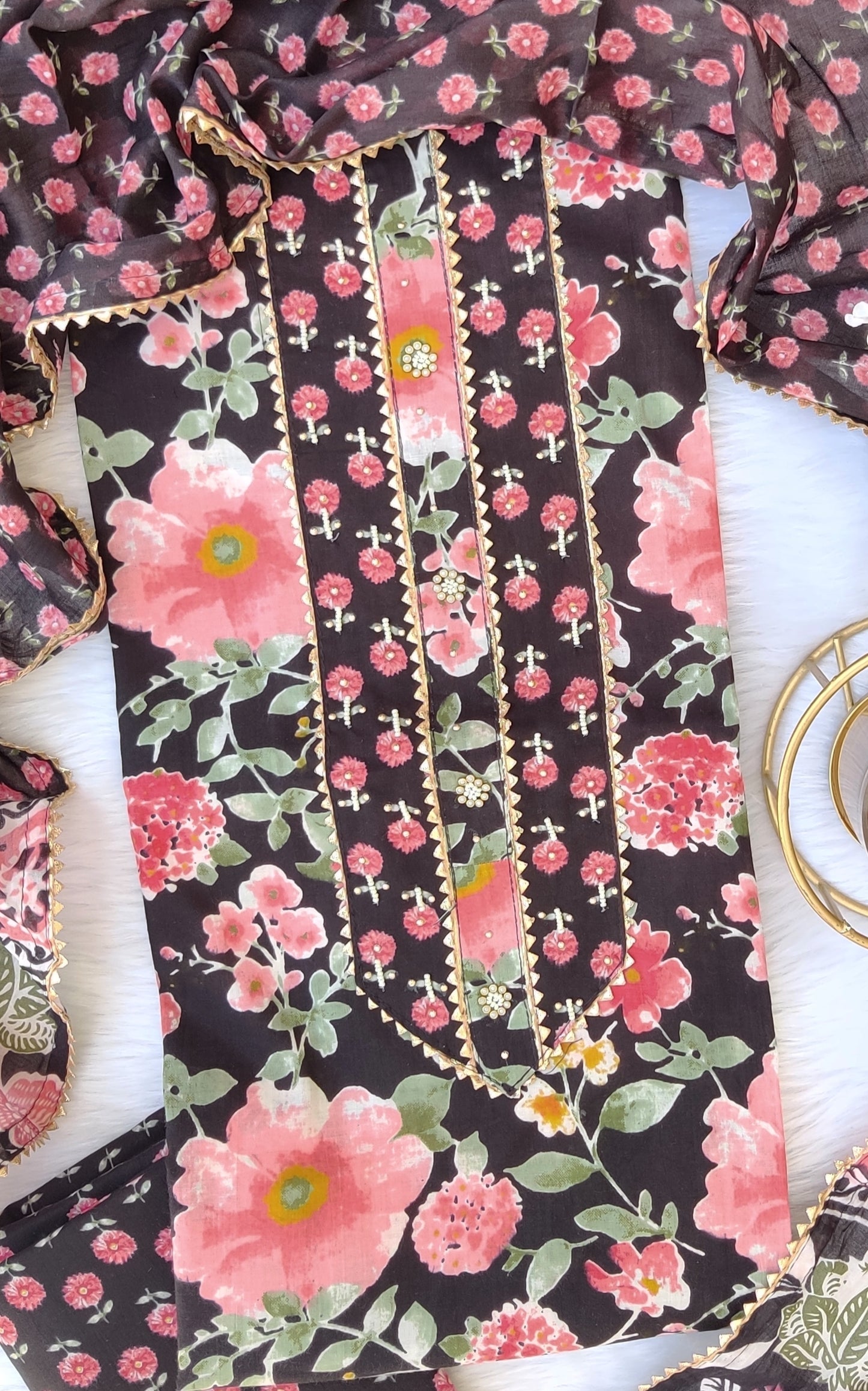 Exclusive Hand Block Cotton Printed Neck Work Suits with mulmul dupatta