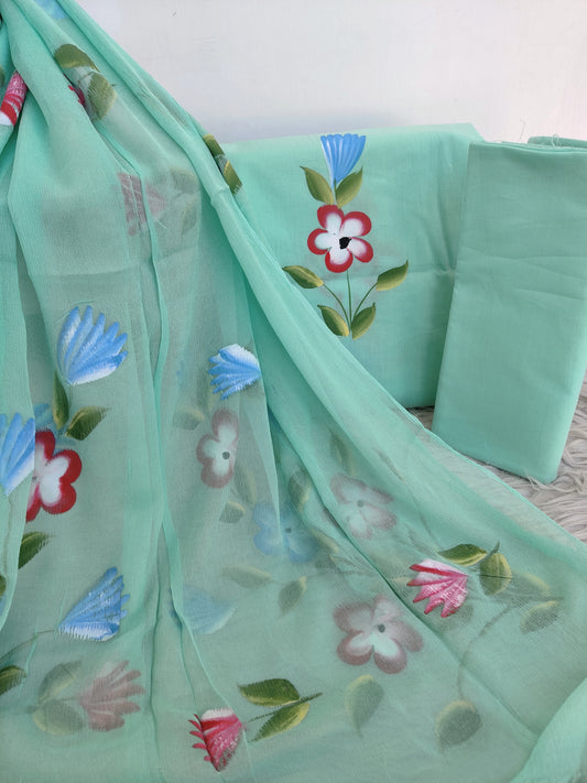 HAND PAINTED COTTON SUIT WITH PURE CHIFFON DUPATTA