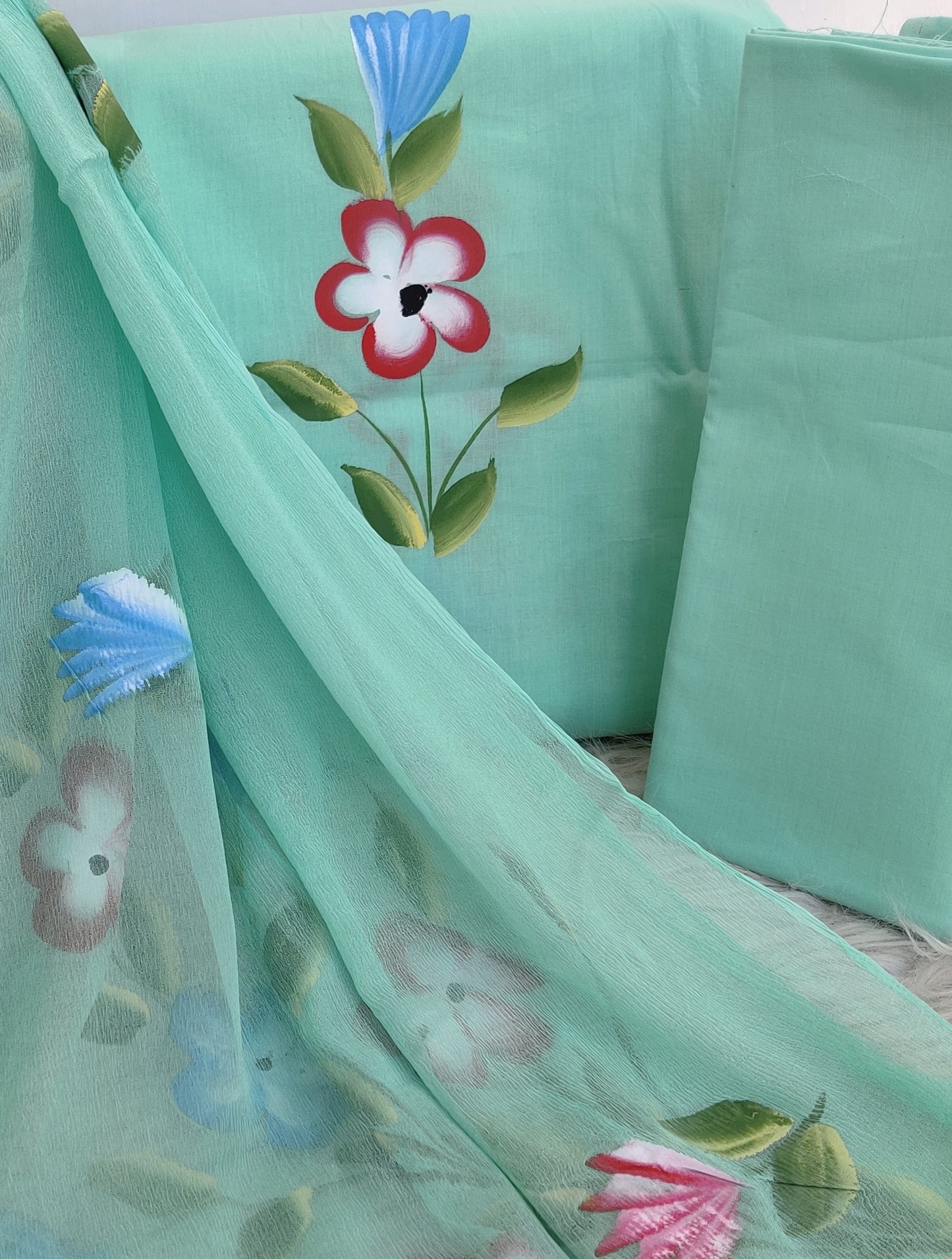 HAND PAINTED COTTON SUIT WITH PURE CHIFFON DUPATTA