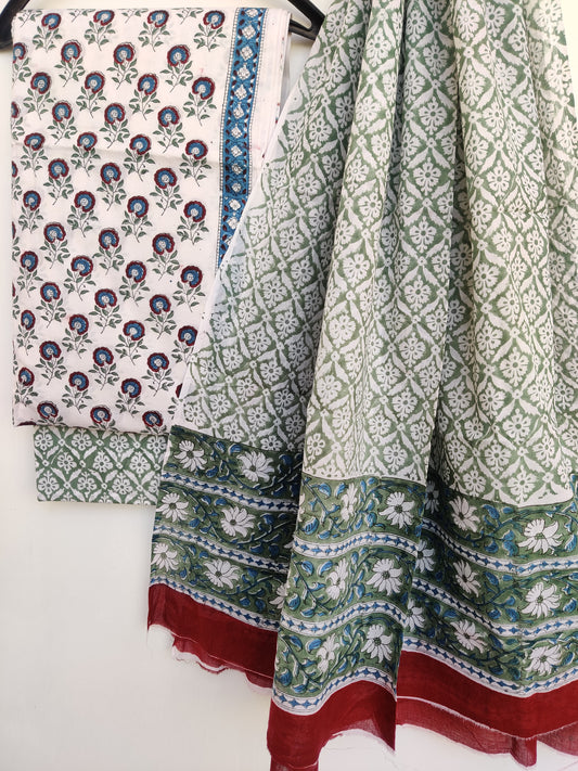 Hand Block Printed Cotton Suit With Mulmul Cotton Dupatta