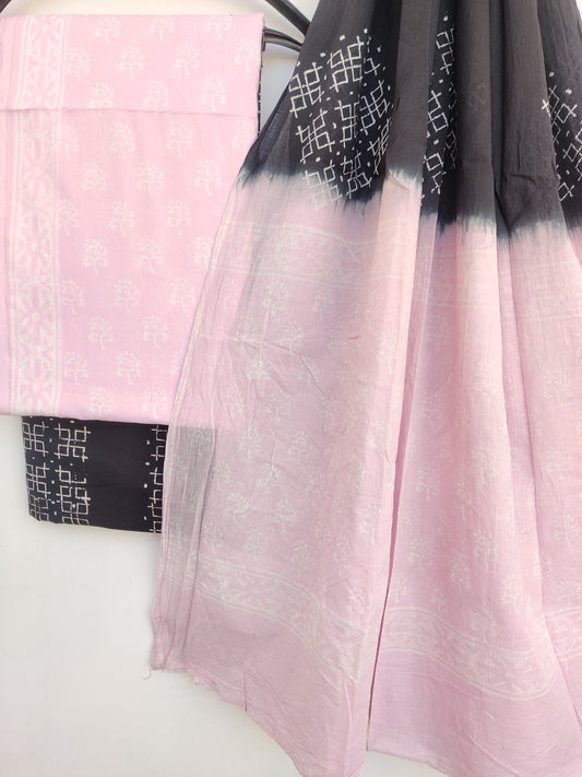 Hand Block Printed Cotton Suit With Mulmul Cotton Dupatta