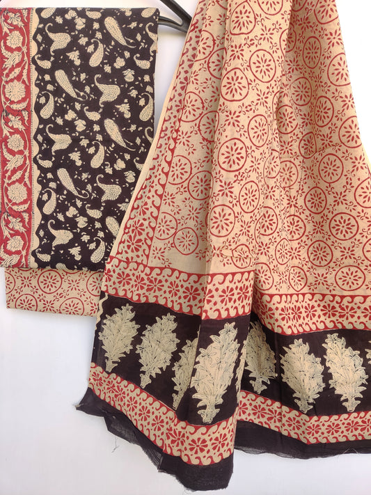 (KALAMKARI) Hand Block Printed Cotton Suit With Mulmul Cotton Dupatta