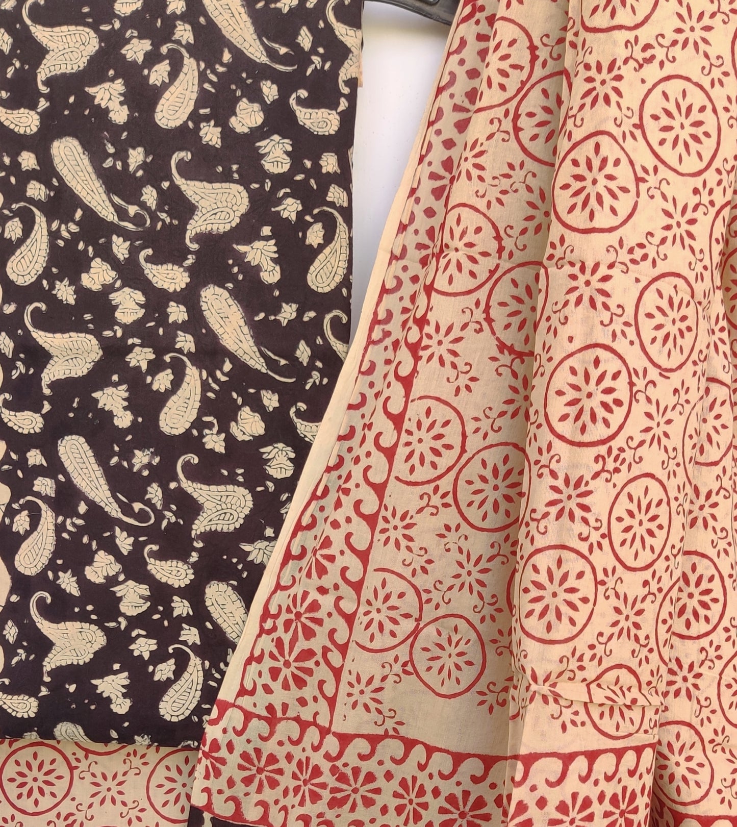 (KALAMKARI) Hand Block Printed Cotton Suit With Mulmul Cotton Dupatta