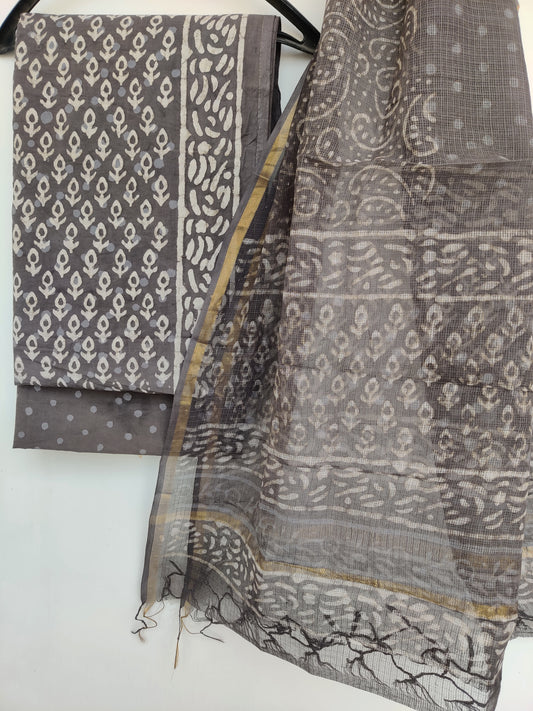(DABU) Hand Block Printed Cotton Suit with Cotton Kota Doria dupatta