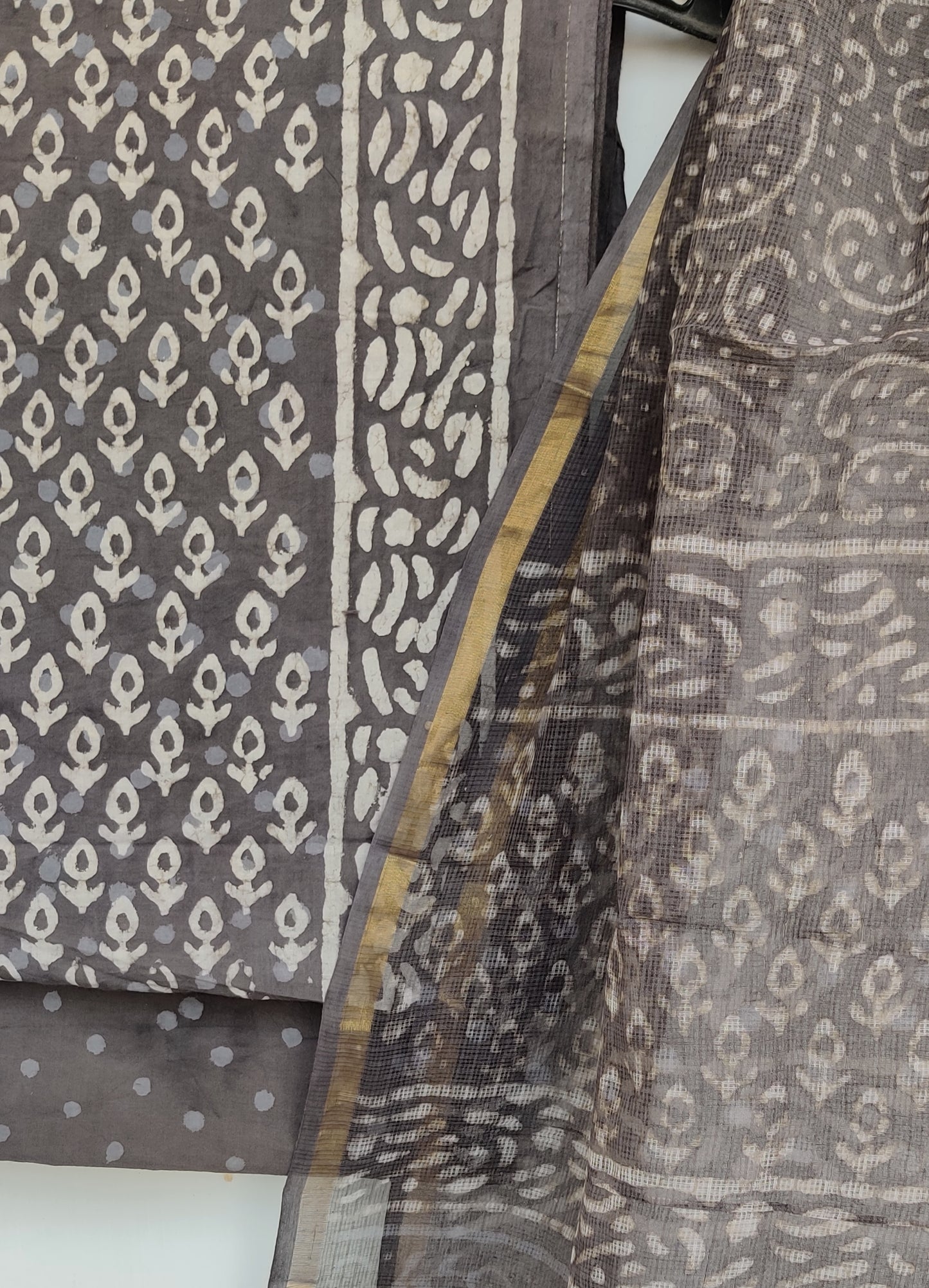 (DABU) Hand Block Printed Cotton Suit with Cotton Kota Doria dupatta
