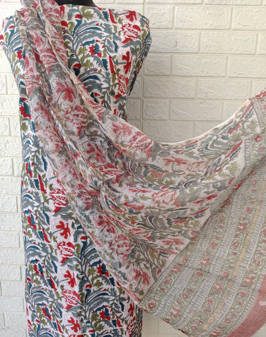 (All over) Hand Block Printed Cotton Suit with Cotton Kota Doria dupatta