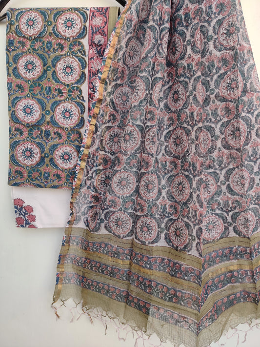Hand Block Printed Cotton Suit with Cotton Kota Doria dupattaa
