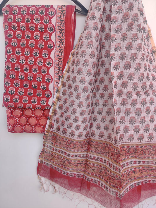 Hand Block Printed Cotton Suit with Cotton Kota Doria dupattaa