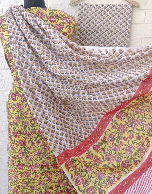 Cotton Block Printed Cotton Suit with mulmul cotton Dupatta