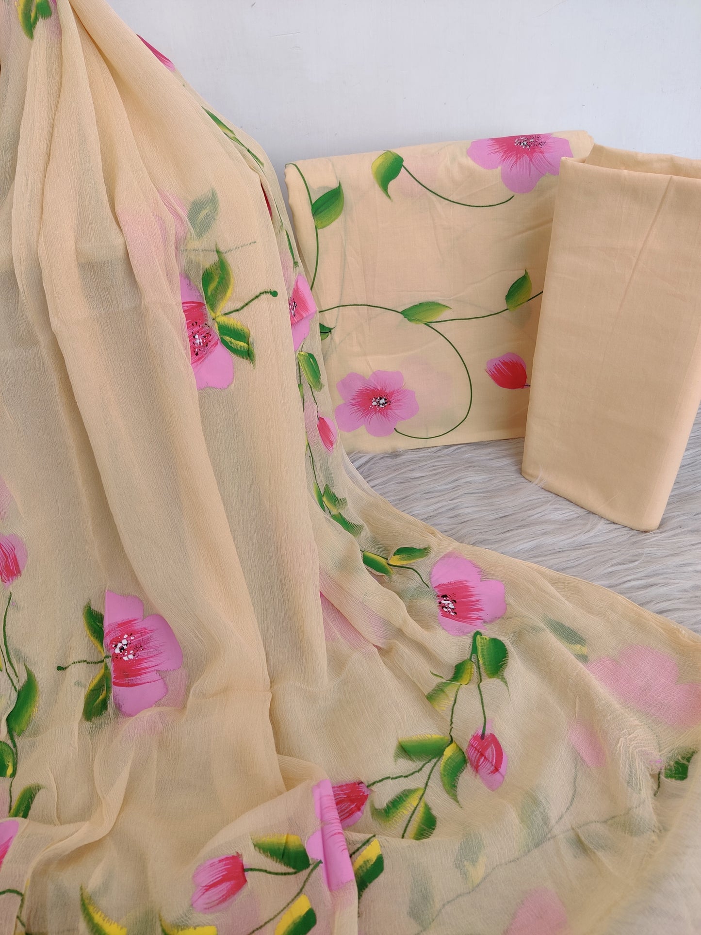 HAND PAINTED COTTON SUIT WITH PURE CHIFFON DUPATTA