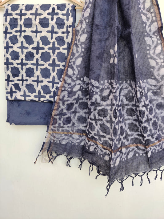 Hand Block Printed Cotton Suit with Cotton Kota Doria dupattaa