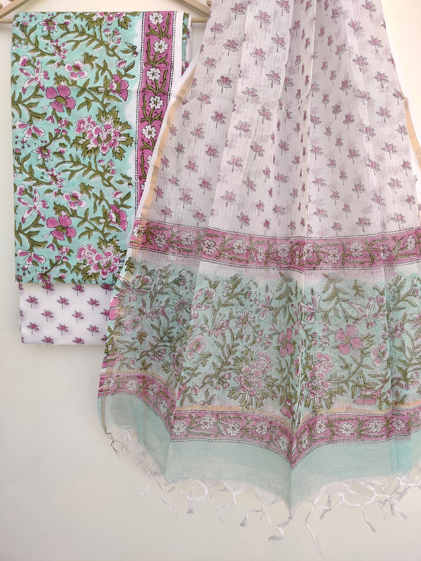 Hand Block Printed Cotton Suit with Cotton Kota Doria dupatta