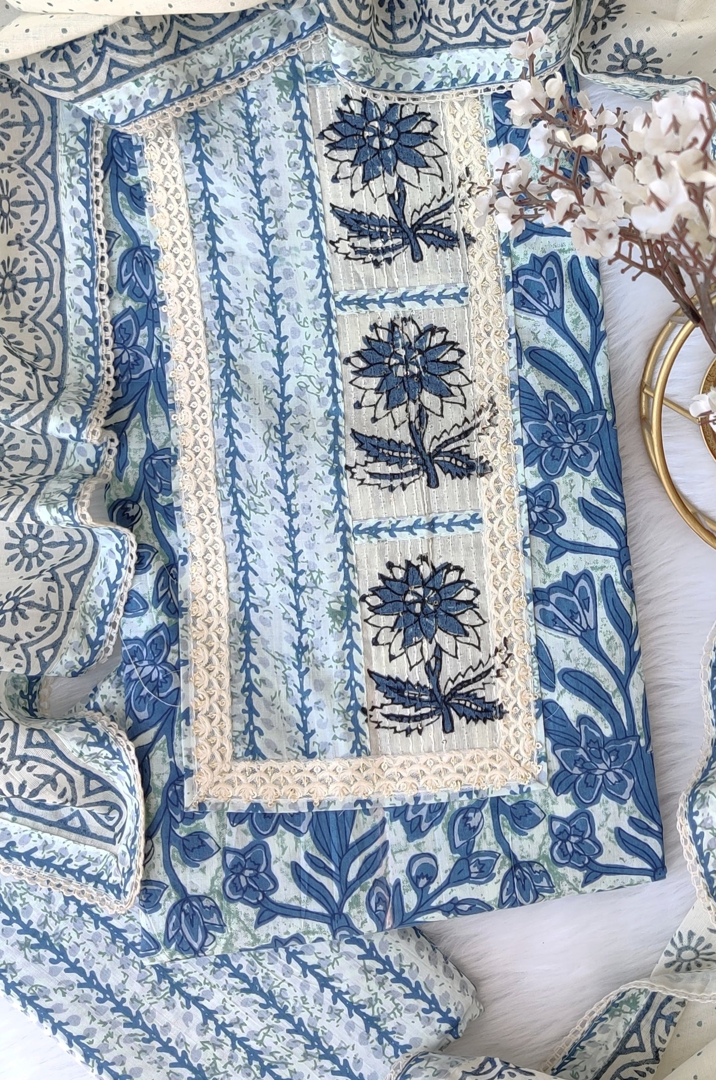 Exclusive Hand Block Cotton Printed Neck Work Suits with mulmul dupatta