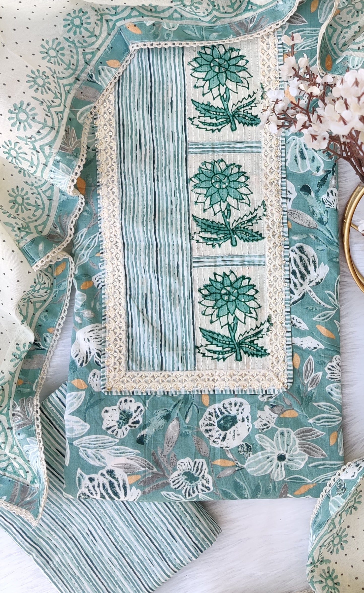 Exclusive Hand Block Cotton Printed Neck Work Suits with mulmul dupatta