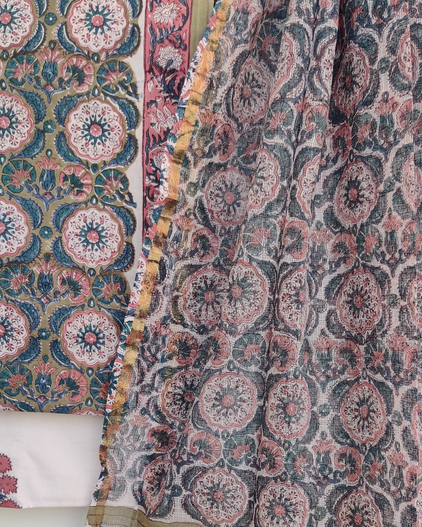Hand Block Printed Cotton Suit with Cotton Kota Doria dupattaa